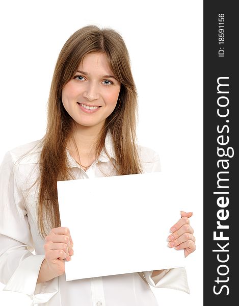 Woman holding empty white board a white background