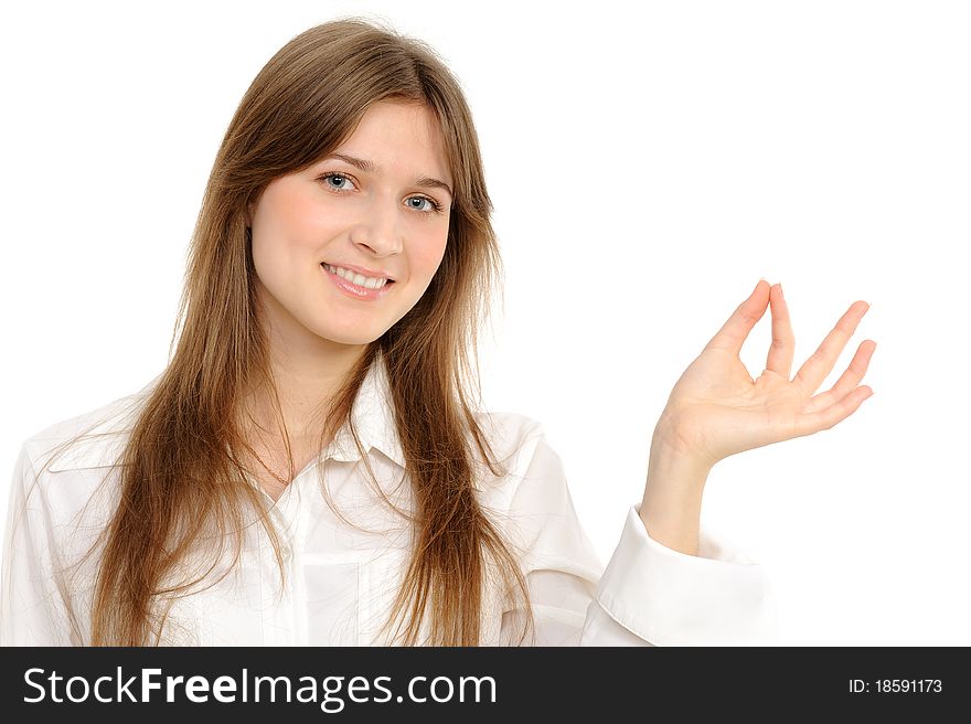 Beautiful business woman holding hand presenting a product. On a white background