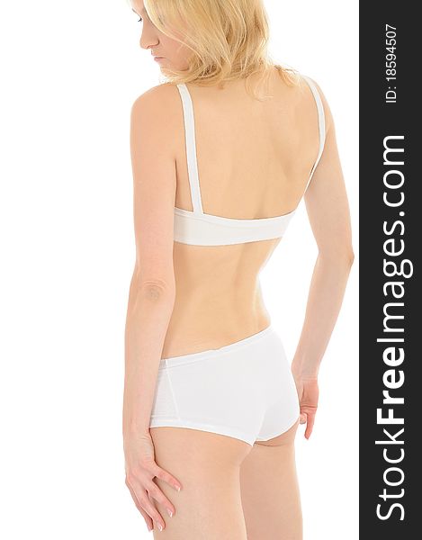 Part of beautiful fit slim woman body in white underwear from the back. isolated