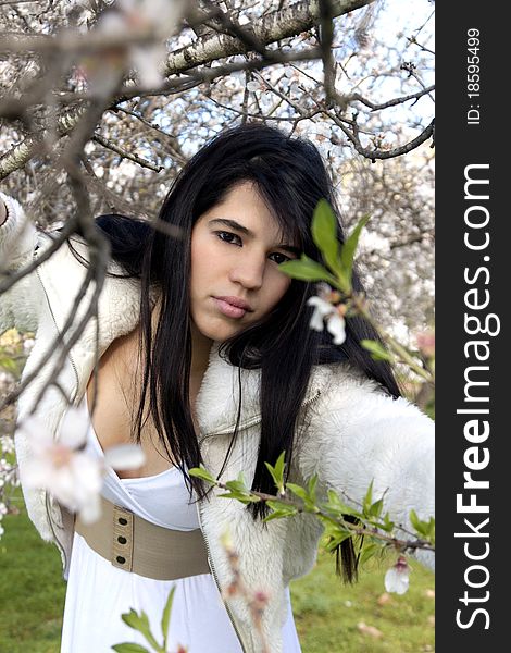 View of a beautiful girl on a white dress on a green grass field next to a almond tree. View of a beautiful girl on a white dress on a green grass field next to a almond tree