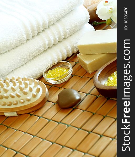 Spa composition of towels, soap and bath salt