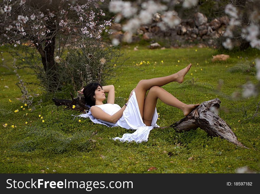 View of a beautiful girl on a white dress on a green grass field next to a almond tree. View of a beautiful girl on a white dress on a green grass field next to a almond tree