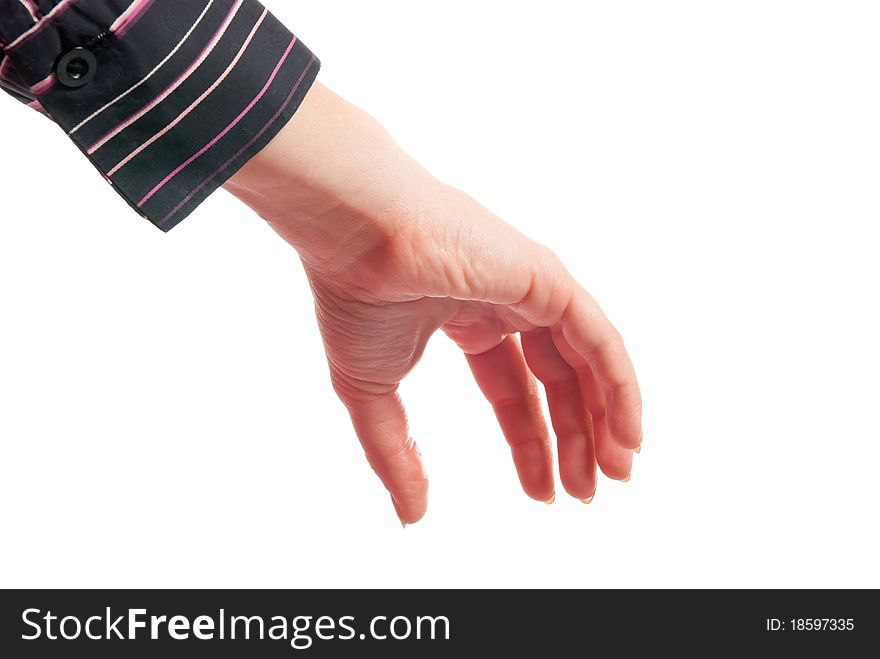 Female hand as it holding something. Isolated on white