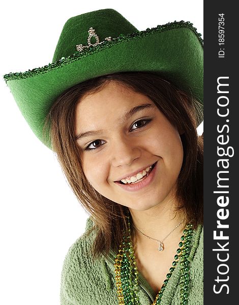 Close-up portrait of a happy young teen dressed for St. Patrick's Day. Close-up portrait of a happy young teen dressed for St. Patrick's Day.
