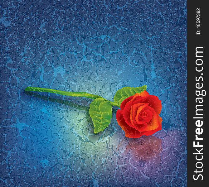 Abstract floral illustration with red rose on cracked blue background