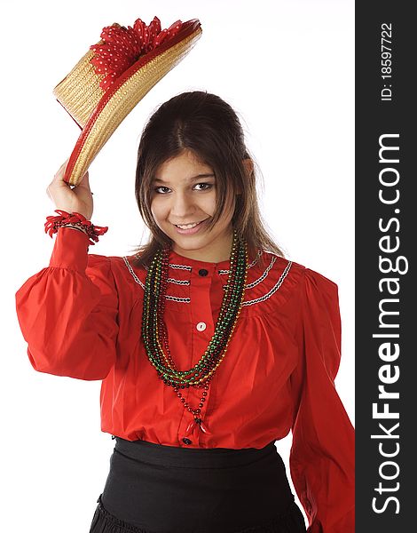 A happy young teen in red and black Mexican attire tipping her hat in greeting. Isolated on white. A happy young teen in red and black Mexican attire tipping her hat in greeting. Isolated on white.