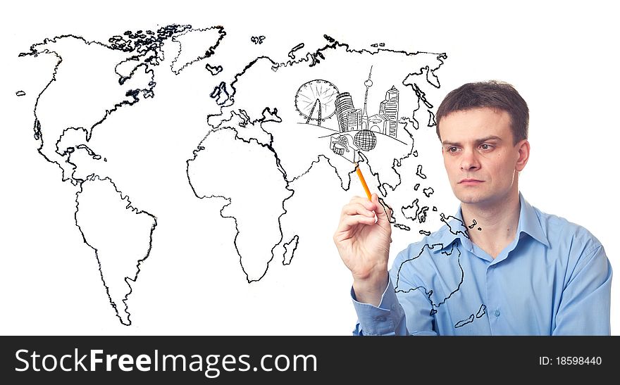 Businessman drawing a city of the future and the map of world on white background