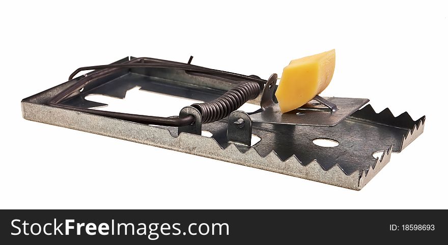 Metal mousetrap with cheese lure isolated over white background. Metal mousetrap with cheese lure isolated over white background.