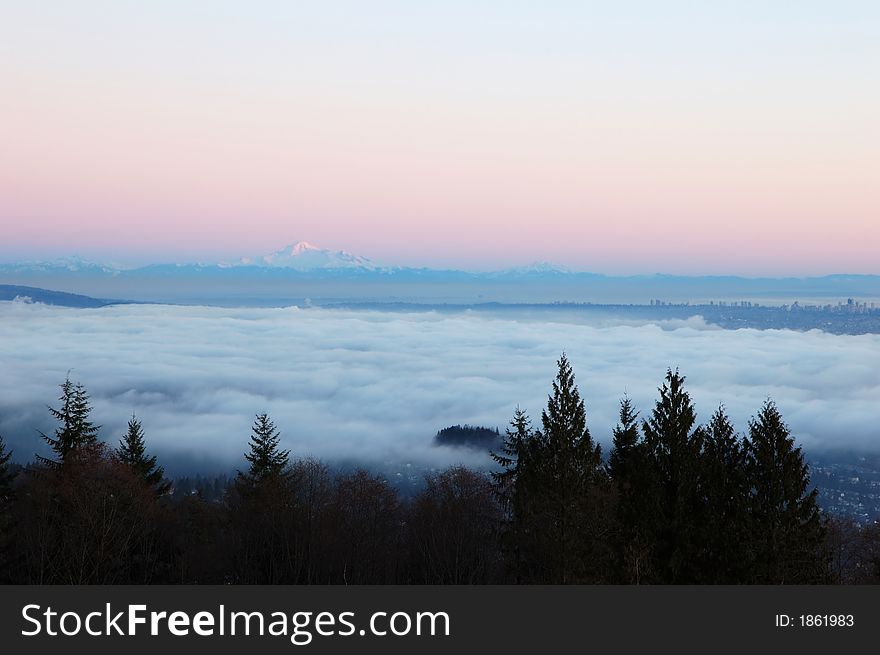 Cloudy and foggy sunset, mt. baker view