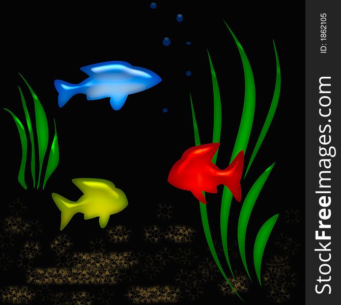 Colorful tropical fish in lit aquarium 3d. Colorful tropical fish in lit aquarium 3d