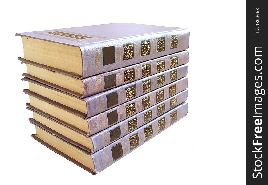 Stack of violet books with numbers over white background