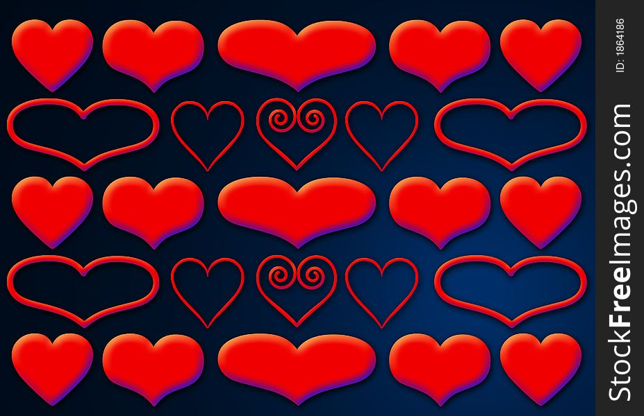 Array of puffed hearts on dark background. Array of puffed hearts on dark background.