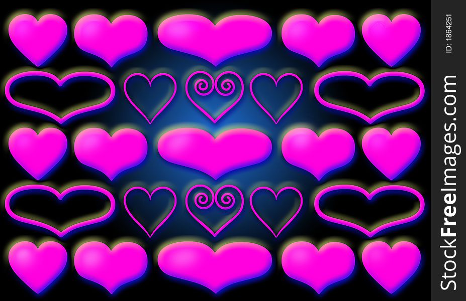 Array of puffed hearts on dark background. Array of puffed hearts on dark background.