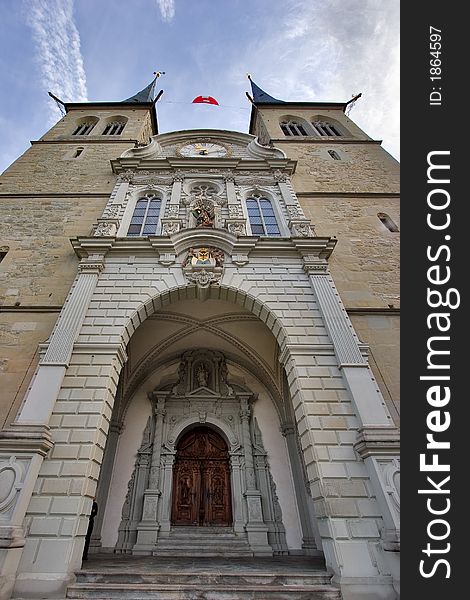 Carved wooden gates cathedral in Lucerne. Carved wooden gates cathedral in Lucerne