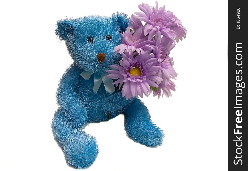 Furry Blue Teddy Bear Holding Flowers