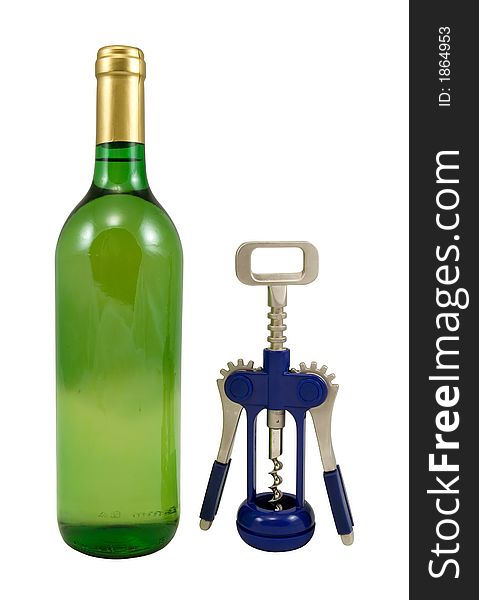 Bottle and corkscrew, isolated on white, clipping path included