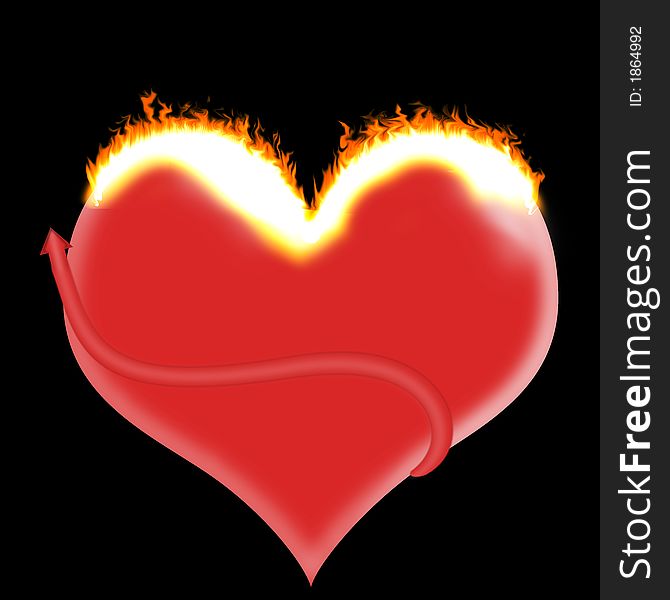 Isolated red heart shape on fire with a black background. Isolated red heart shape on fire with a black background