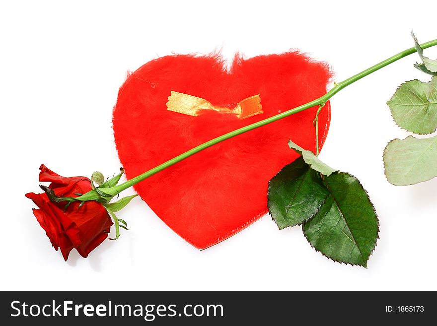 Close up for red rose and heart shape letter isolated on white background