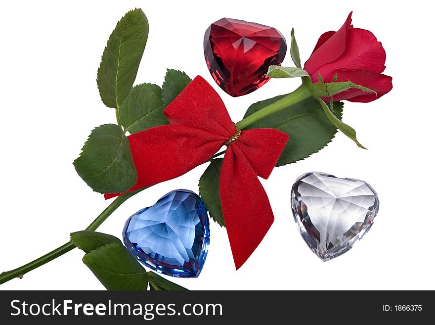 Single valentines velvet rose on white, jewels. Single valentines velvet rose on white, jewels