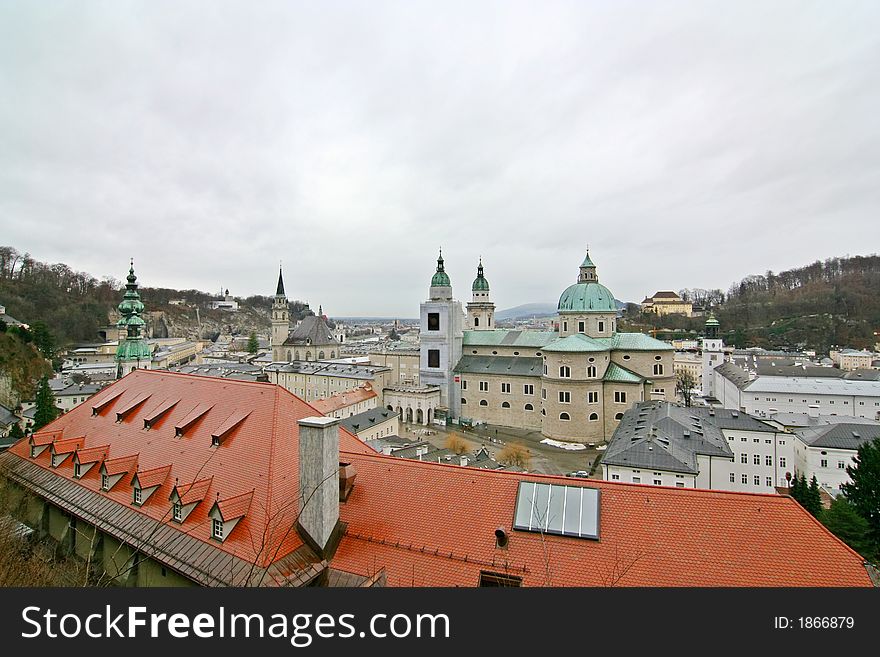 A wide-angle view of the city of Salzburg, Austria. A wide-angle view of the city of Salzburg, Austria