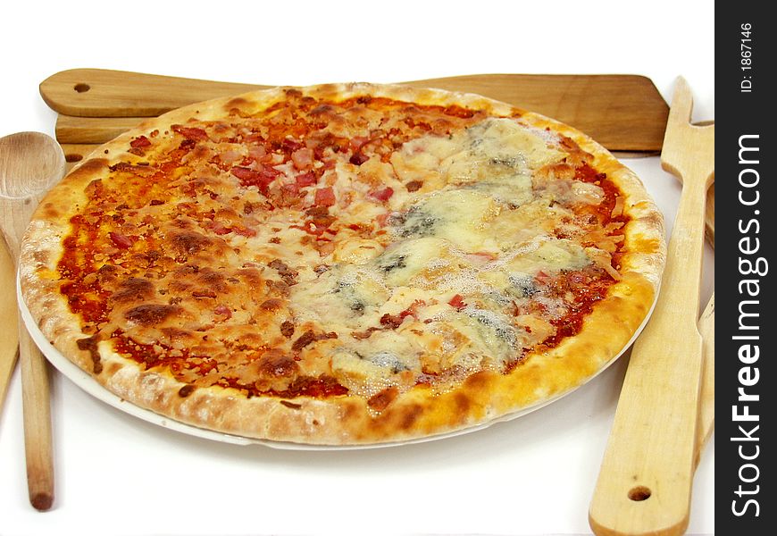 Italian cheese ham and tuna pizza on white background