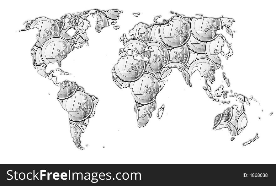 Map of the world full of euro coins. Black and white version. Map of the world full of euro coins. Black and white version.
