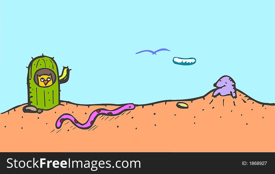 Desert with a cactus and animals