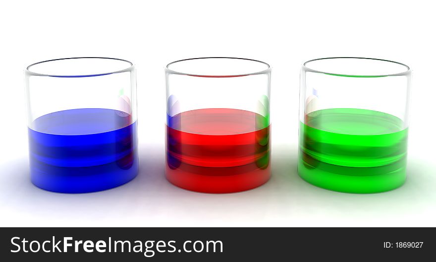 Multicoloured drinks in transparent glasses on a white background