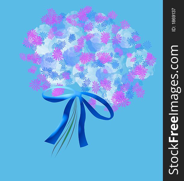 Spring bouquet with bow on blue background. Spring bouquet with bow on blue background