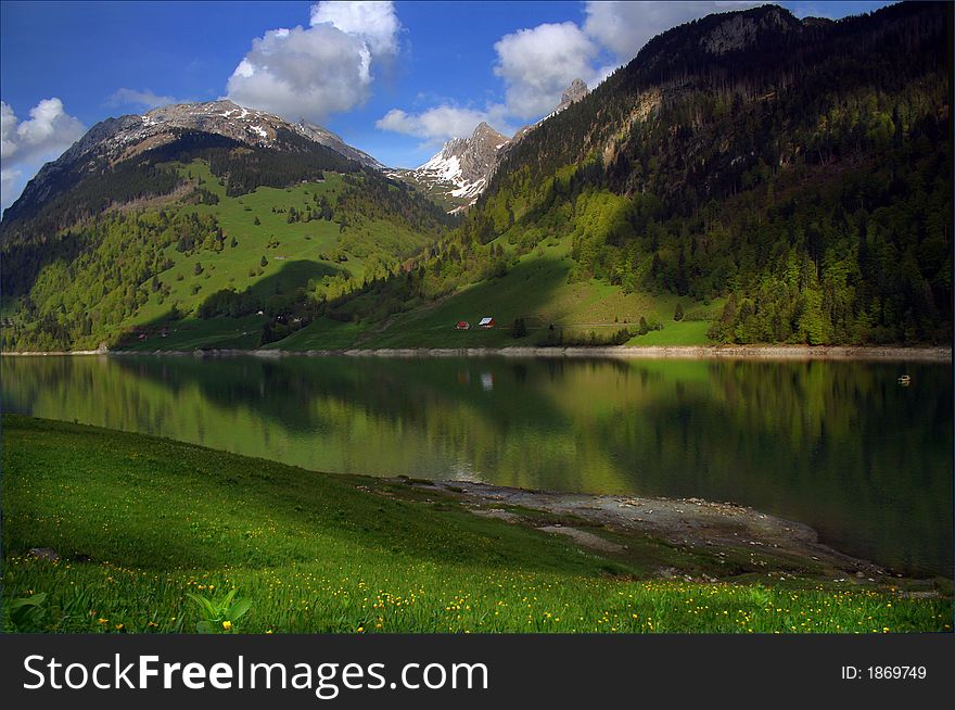 Spring Swiss mountans reliefs, Wagitalersee