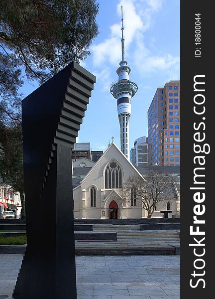Sculpture and Sky Tower in Auckland
