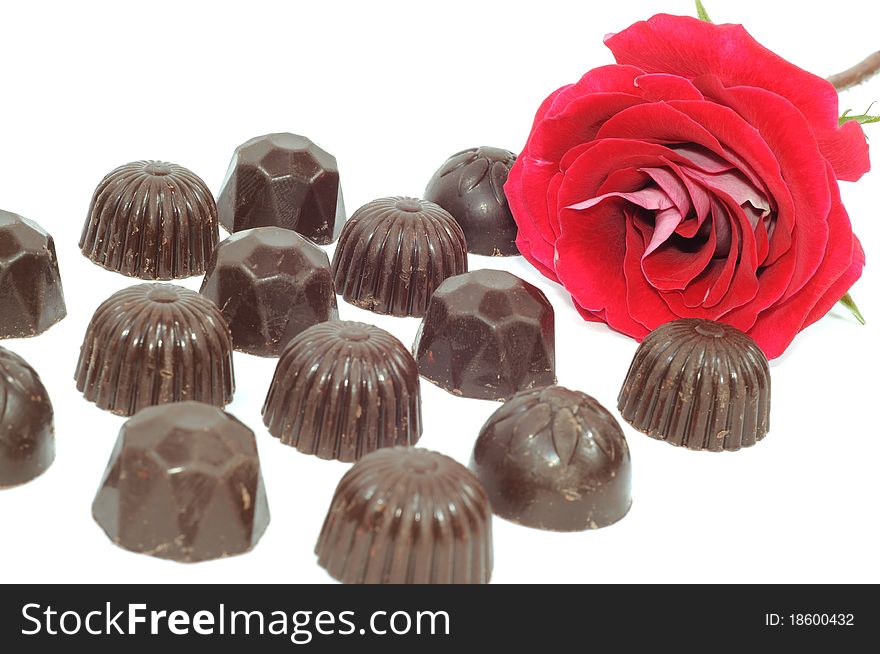 Beautiful red rose and chocolate on white background