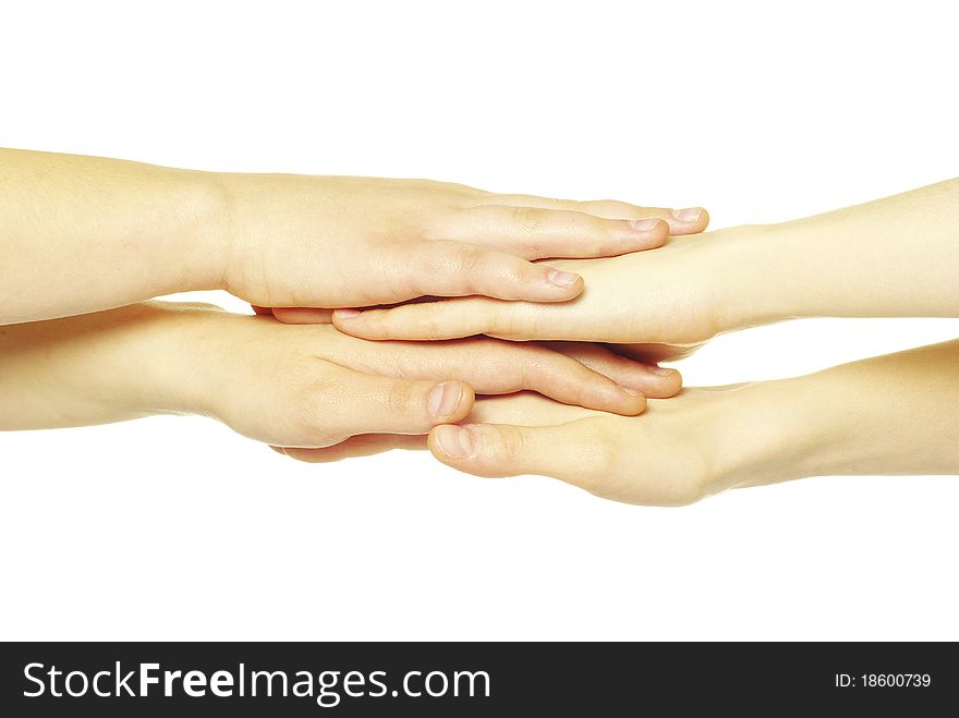 Pile of hands isolated on a white