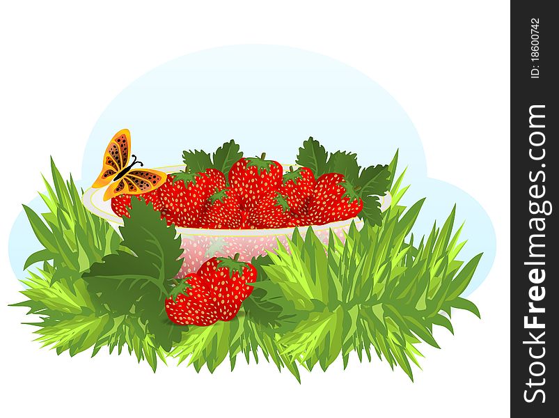 Bowl with strawberries, leaves and grass, vector format. Bowl with strawberries, leaves and grass, vector format