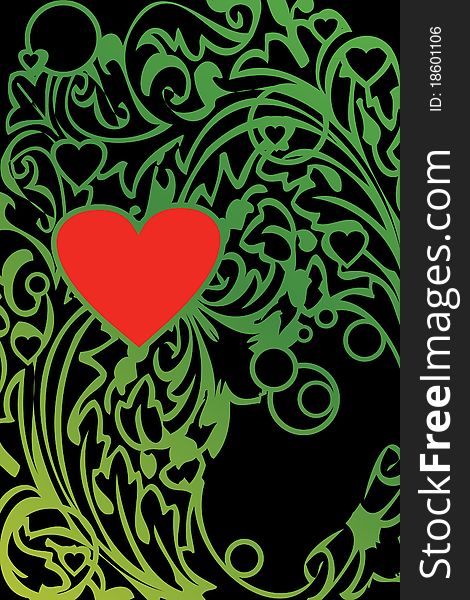 Illustration of green ornament with red heart