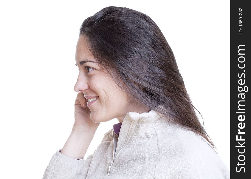 Woman talking on her mobile on white background