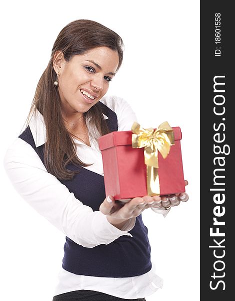 Woman Holding A Gift Red Box