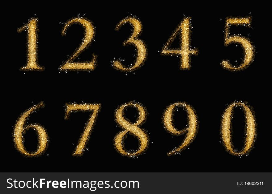 Gold numbers over a black background