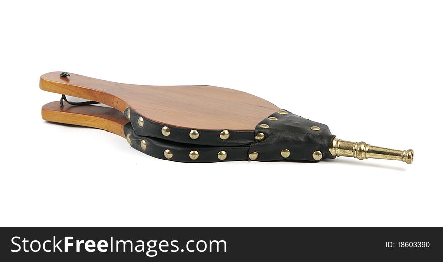 Wood and black leather fireplace bellows with strap. Wood and black leather fireplace bellows with strap