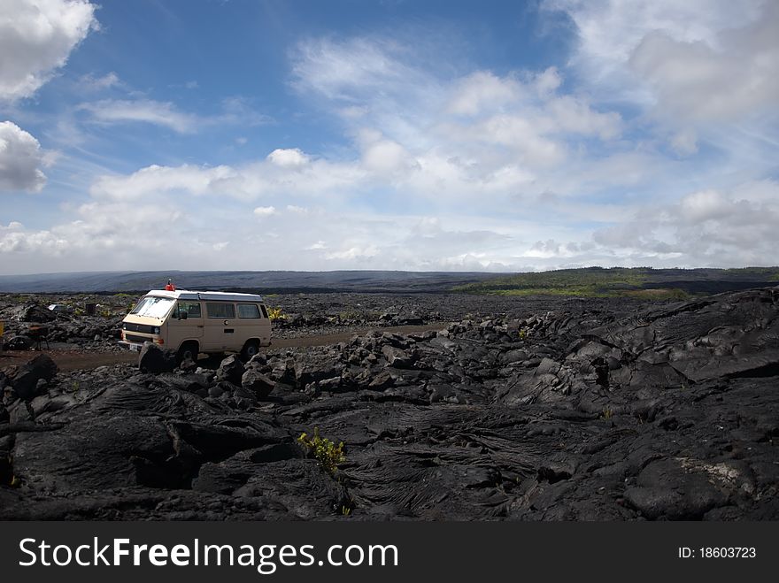 Old Van In The Middle Of Lava Field