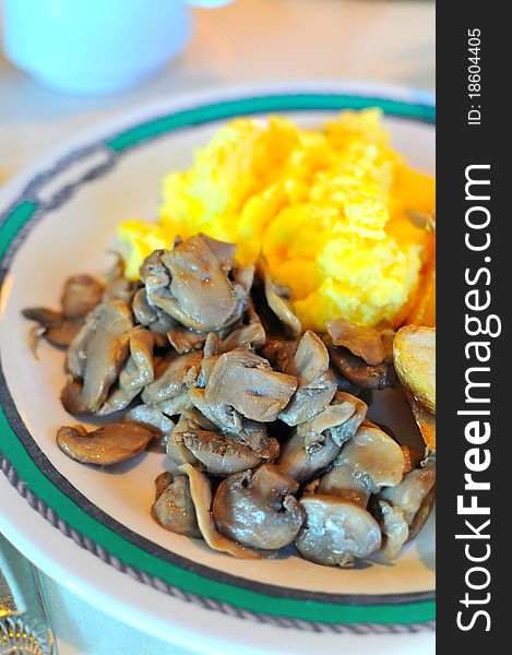 Mushrooms and egg for a traditional Western breakfast.