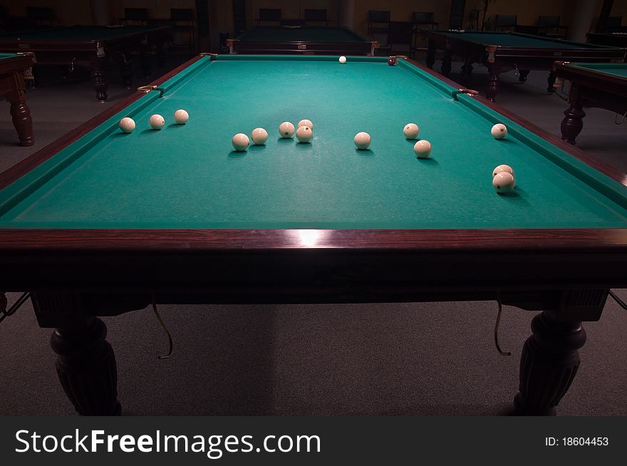 Billiard table with balls on the green baize