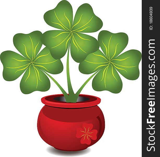 Brightly red pot with a clover. Brightly red pot with a clover