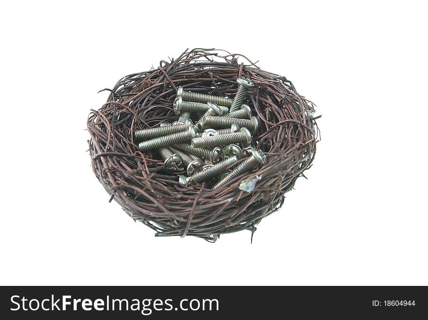 Screws in bird nest isolated on white