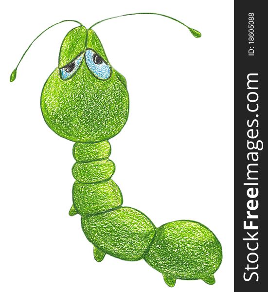 Green sleepy caterpillar on white background, the illustration for yours design, postcard, album, cover, scrapbook, etc.