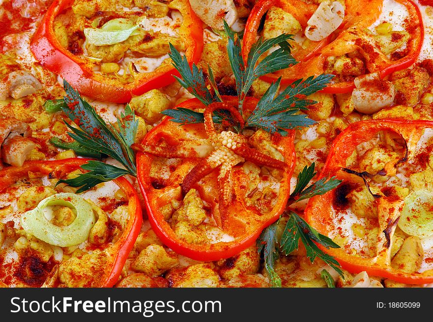 Middle of appetizing italian pizza with tomatoes, paprika, onion