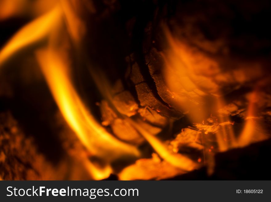 Fire in the fireplace, close-up of flaming logs