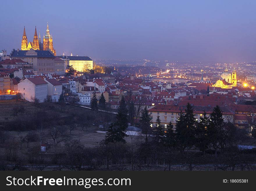 The Prague at sunset seen from the Petrin Hill.