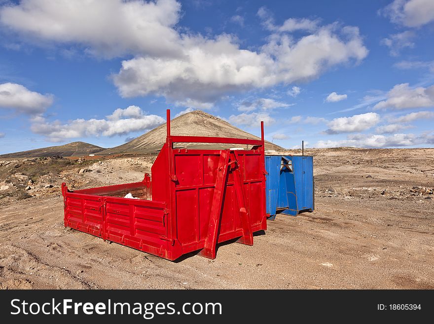 Loading platform for lorry in volcanic area in red and blue in harmony