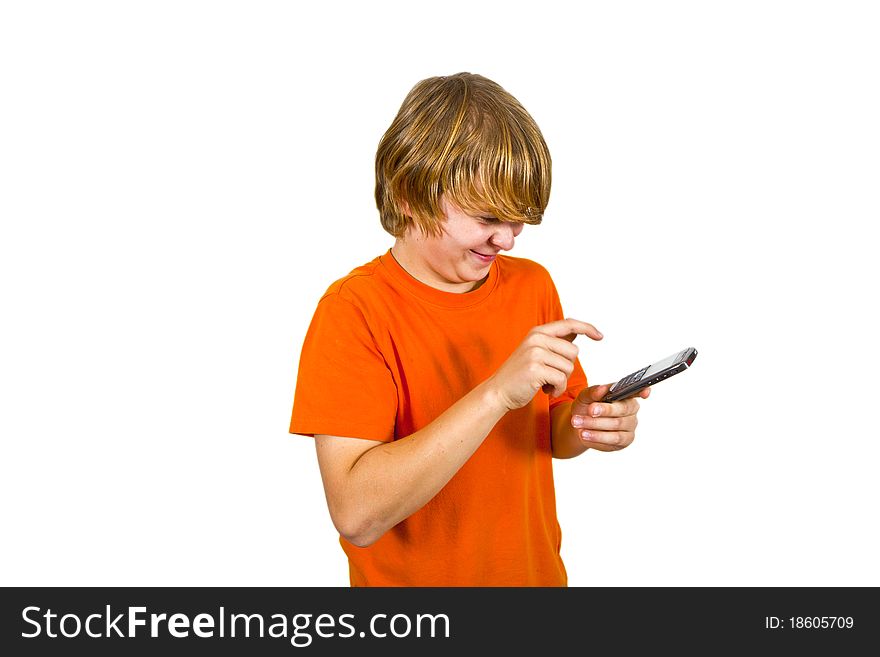 Boy is using the mobile and speaks